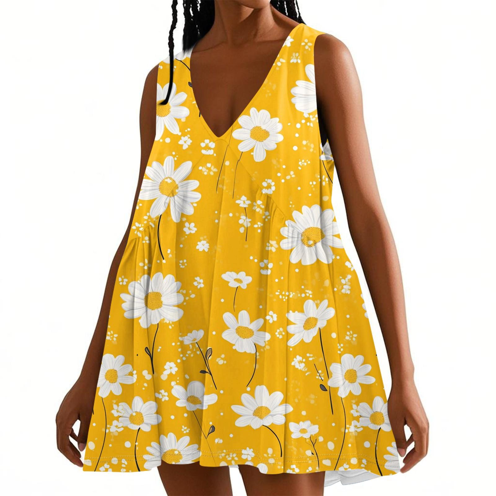 

Женское весенне-летнее повседневное платье без рукавов с V-образным вырезом и цветочным принтом XL жёлтый
