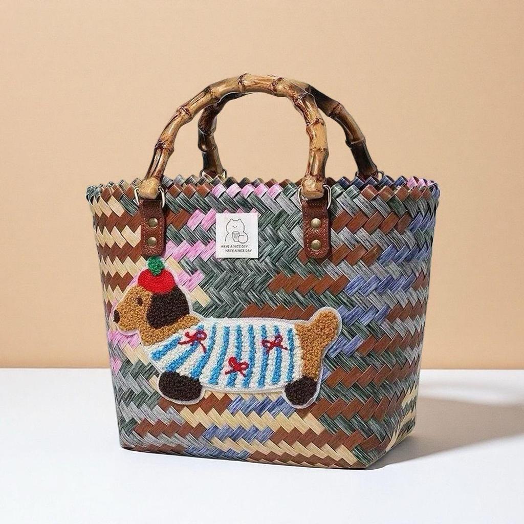 Handgefertigte bestickte Dackel gewebte Handtasche und Aufbewahrungskorb