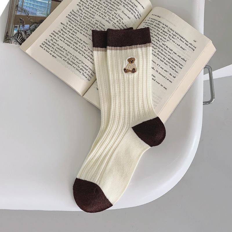 Women's Coffee Striped Bear Embroidery Mid-Calf Slouch Socks - Cute Cartoon Style