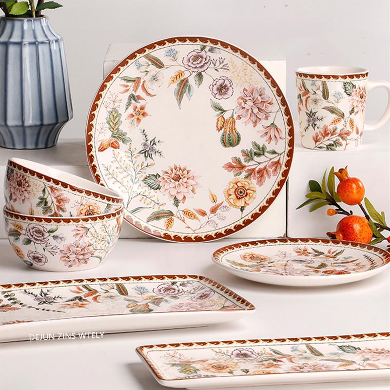 French Ceramic Plates Exquisite Flower Pattern Steak Cake Dishes Household Fruit Plates Household Noodle Bowls Ceramic Tableware