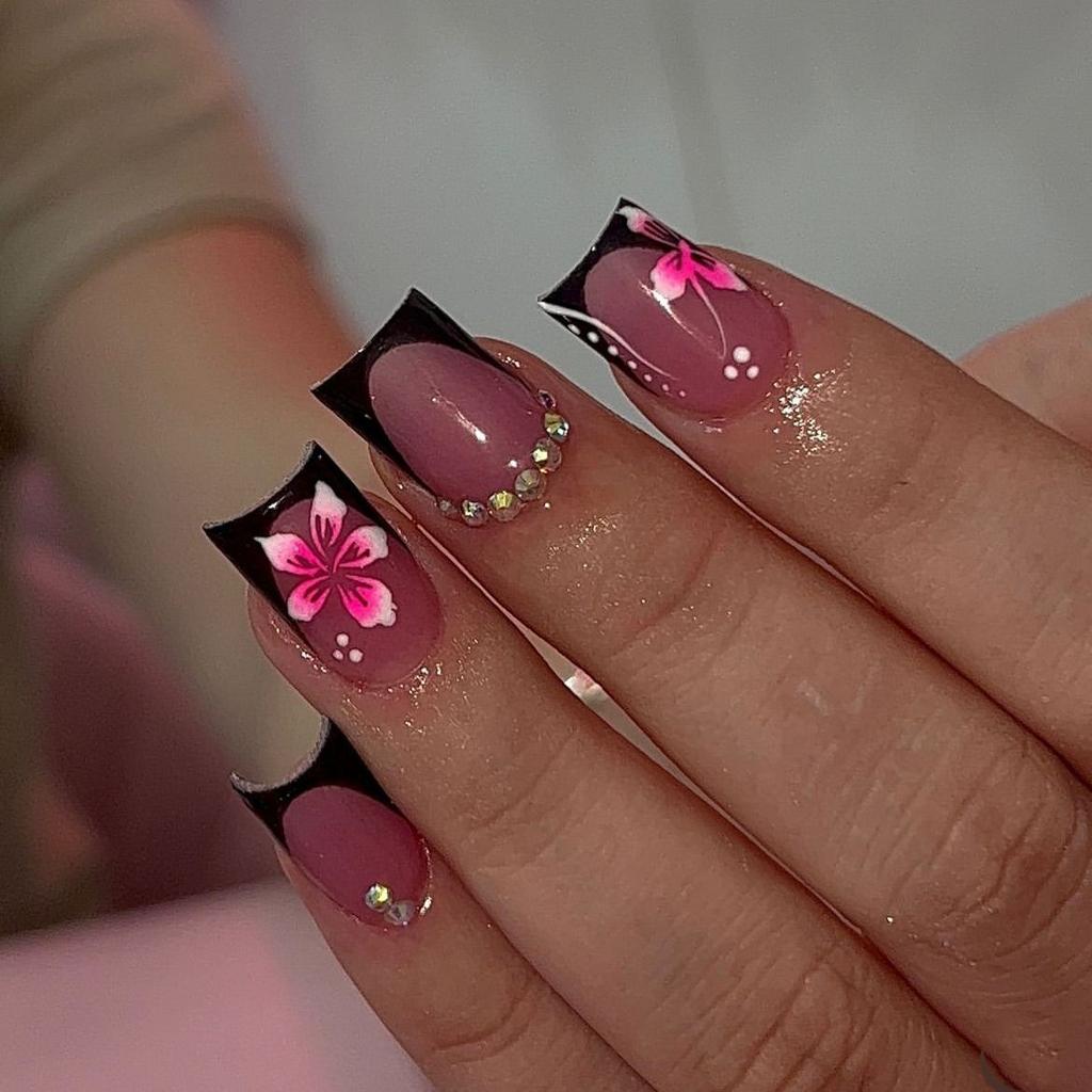 24 Piezas/Set Uñas Postizas Cuadradas Cortas Kit de Uñas Postizas Decoradas con Pedrería DIY para Mujeres, Kit de Arte de Uñas para Fiesta de Niñas Suministros para Uñas
