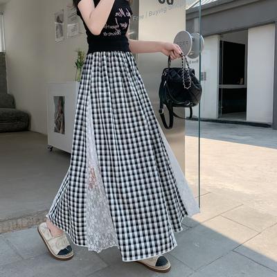 Plaid Lace Skirt for Women In Summer Korean Style Slim Design A-line Long Skirt