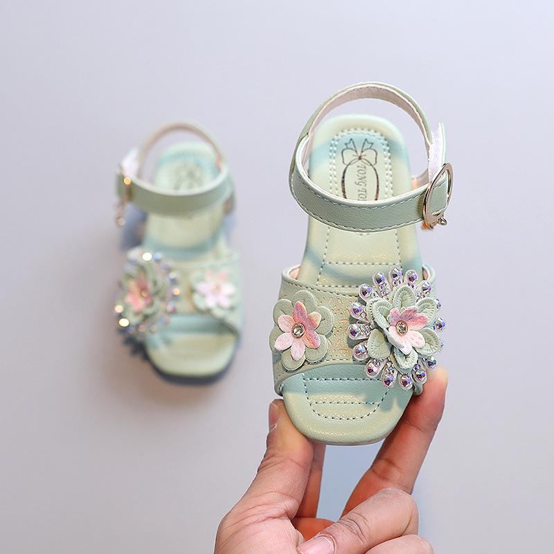 Baby Girls Pink Princess Shoes Open Toe Summer Toddler Girl Sandals Pearl Flowers Summer Children S Green Fashion Sandals 23