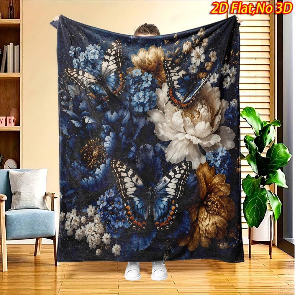 1pc 2D Flat Printing Spring And Summer New Arrival Blue White Floral Butterfly Theme Digital Print Blanket, All-Season Use, Casual Throw, 100% Polyest