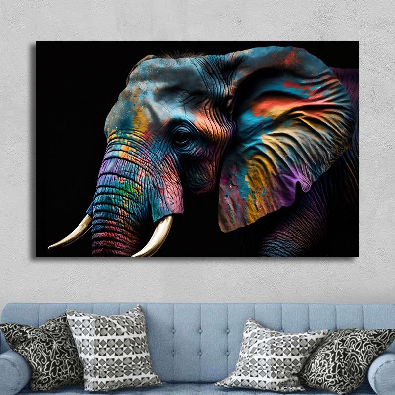 Ritratto Moderno Faccia di Elefante con Pittura su Tela con Pittura Colorata Poster di Elefanti Arte da Parete per Decorazione Soggiorno