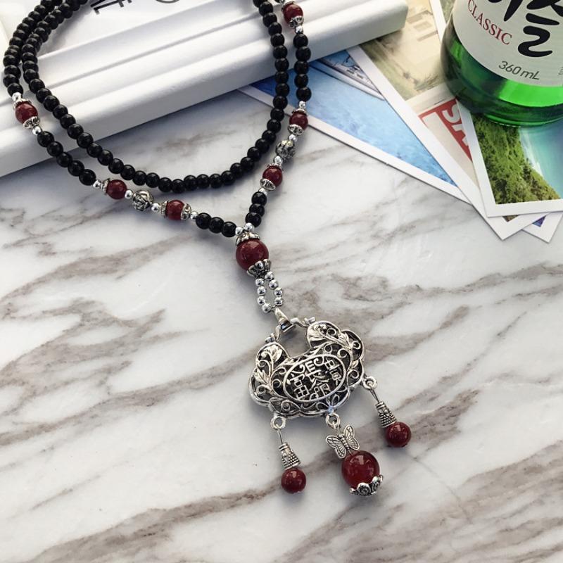 Retro Fashion Opal High-end Necklace Female Long Temperament Sweater Chain Flower Diamond Versatile Accessories