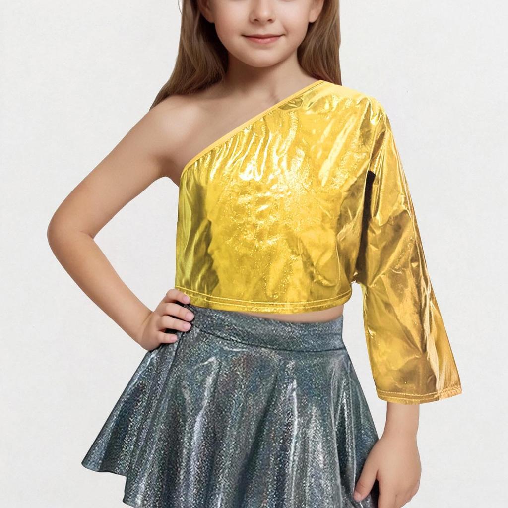 Jenter En-skulder Topper Fest Paljetter Glitrende Korte Topper Langermede Topper