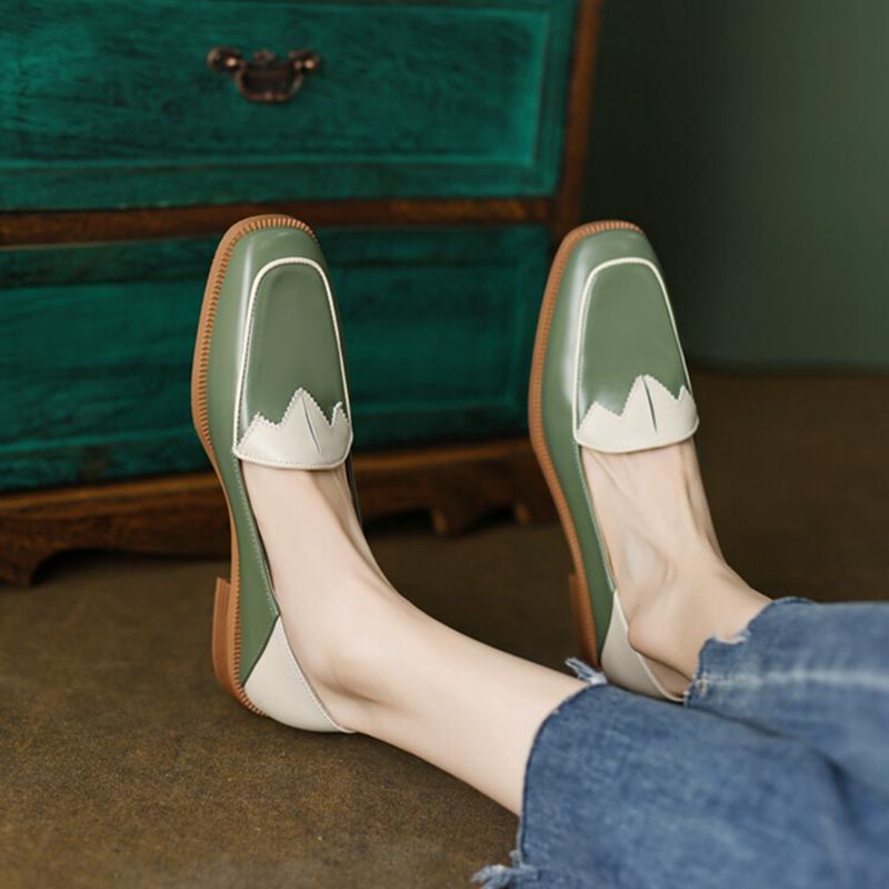 Fashion NEW Spring/Autumn Women Loafers Split Leather Shoes for Women Square Toe Chunky Heel Black Shoes Concise Low Heel Women Pumps