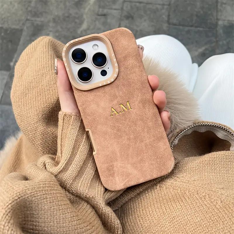 Personalized Customizable Initials Name Case For iPhone 17 16 15 14 13 12 11 Pro Max Plus Matte Suede Soft Leather Cover