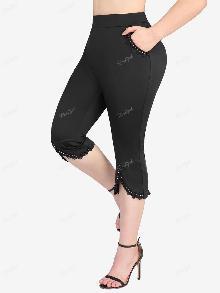 Rosegal Plus Size Lace Trim Rivet Pockets Tulip Hem Split Capri Leggings