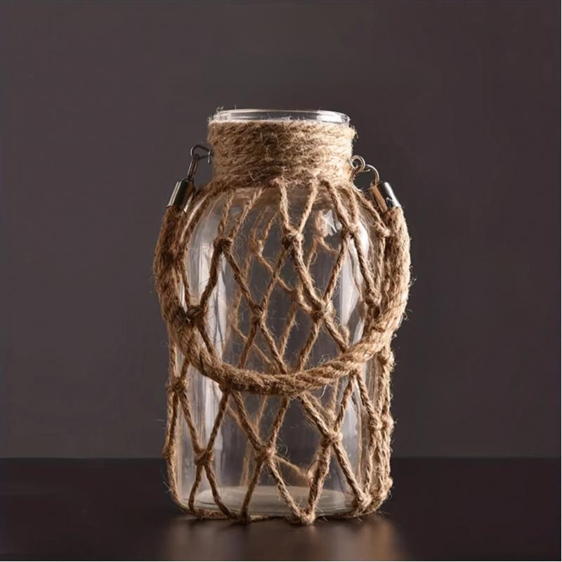 Vintage Hemp Rope Glass Vase Hand-Woven American Country-Style Creative Hydroponic Vase Desktop Decorative Flower Holder