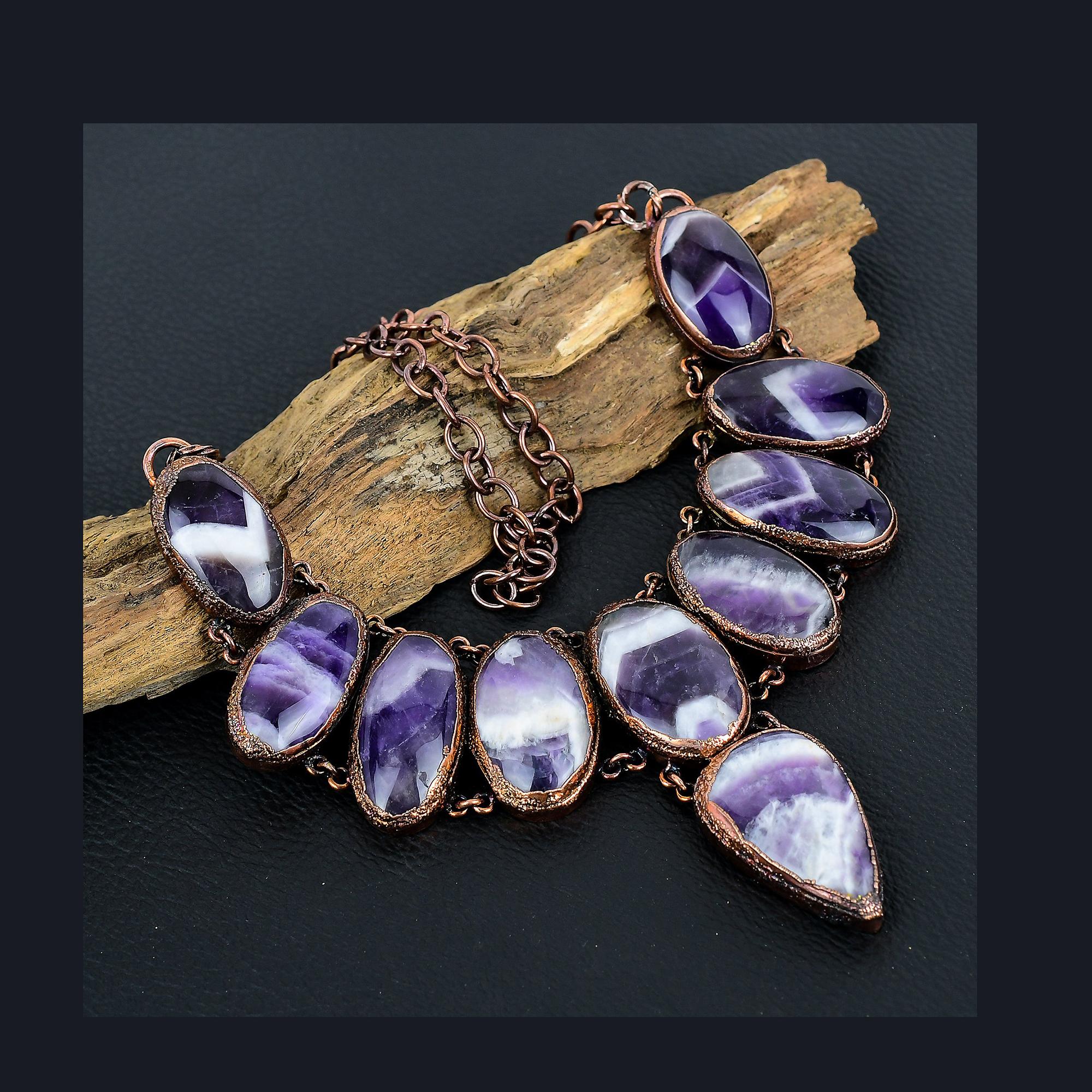 

Chevron Amethyst Necklace, Copper Electroformed Gemstone Handmade Dainty Jewelry Necklace, Adjustable Chain Necklace Gift For Her