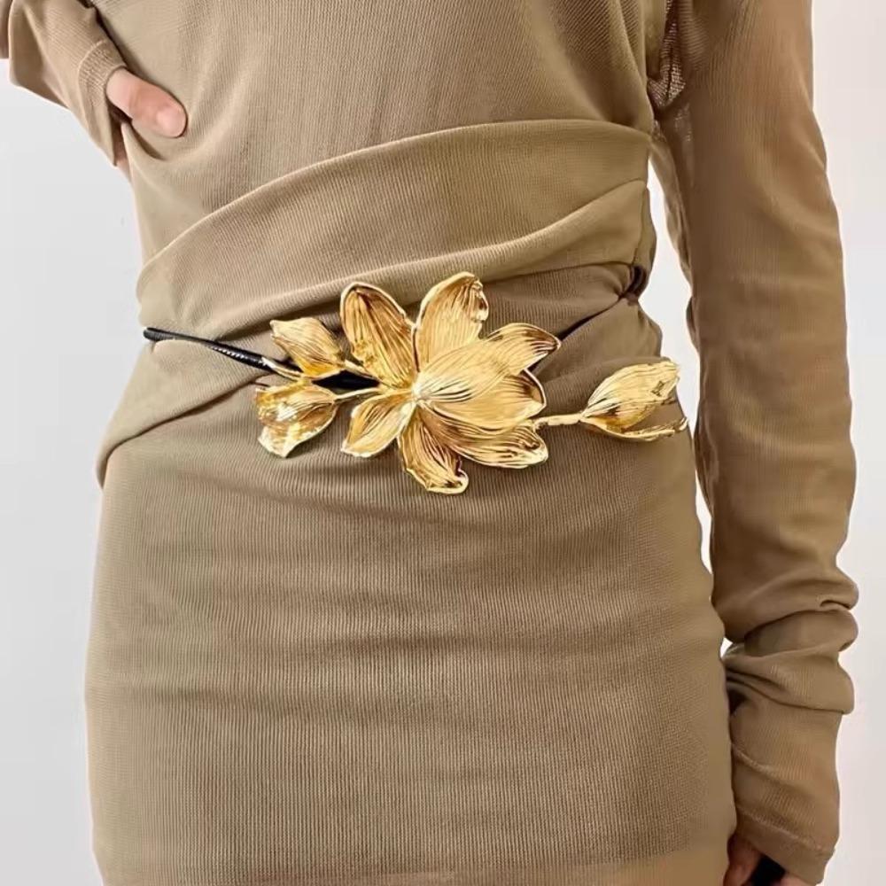 Elegant Zinc Zinc Alloy Flower Belt Vintage PU Leather Rope Belt Fashion Tulip Waist Chain Pants