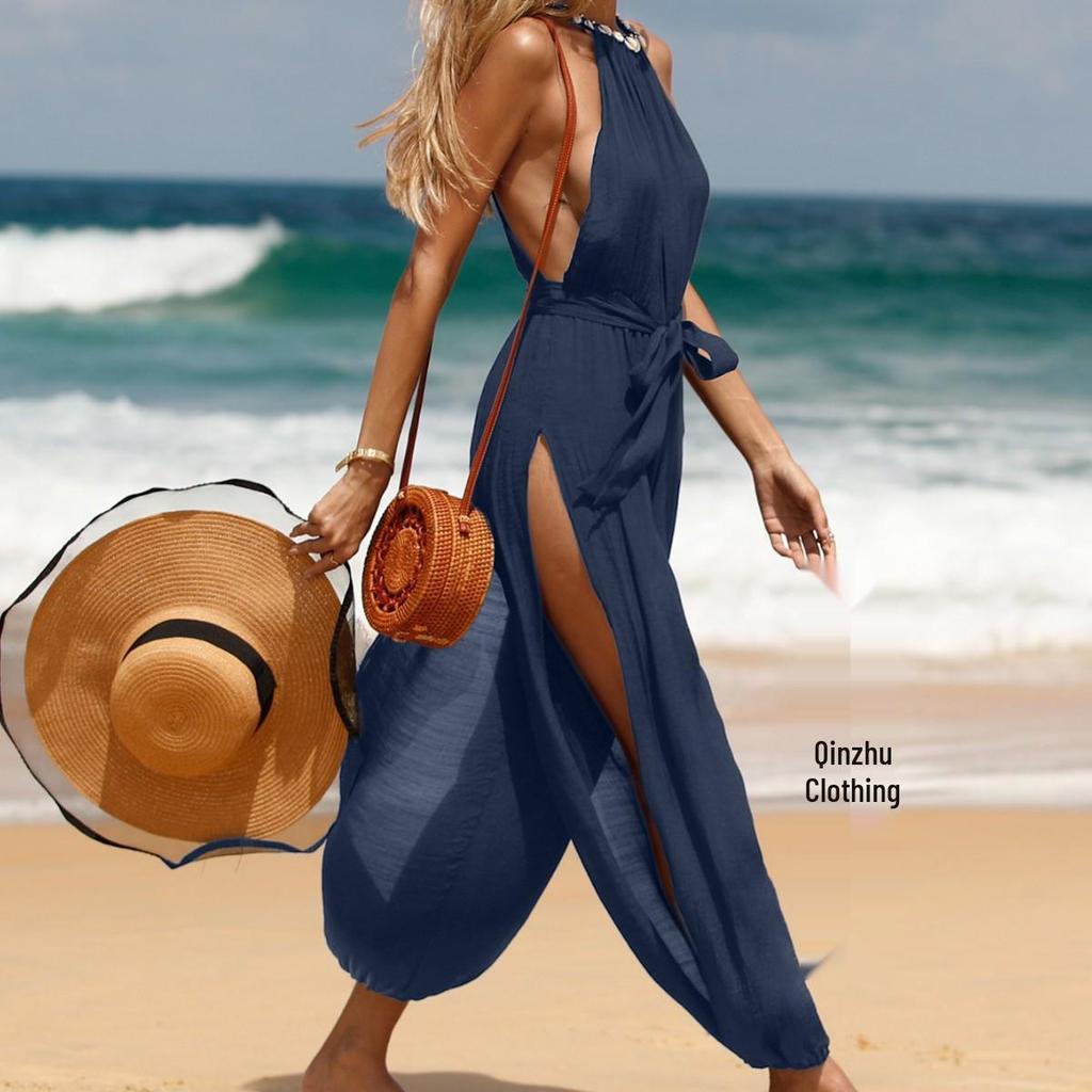 European and American Women's Sleeveless Beach Cover-up: Solid Color Versatile Tie-up Bodysuit with Side Slit for Slimming Sun Protection