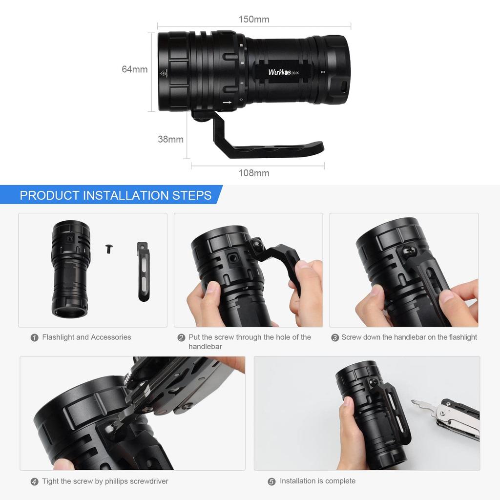 Wurkkos Diving Lumens DL06 LED Rechargeable Water Lung Diving Beam 6 IPX8 100m Underwater Flashlight Light, 15,000 Flashlight, Light, 100° Angle,
