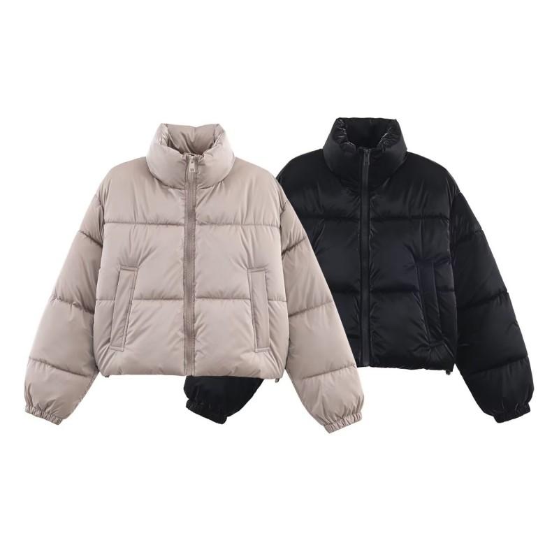 Womens Winter Short Cotton Puffer Jacket Stand Collar Long Sleeve Loose Fit Street Style