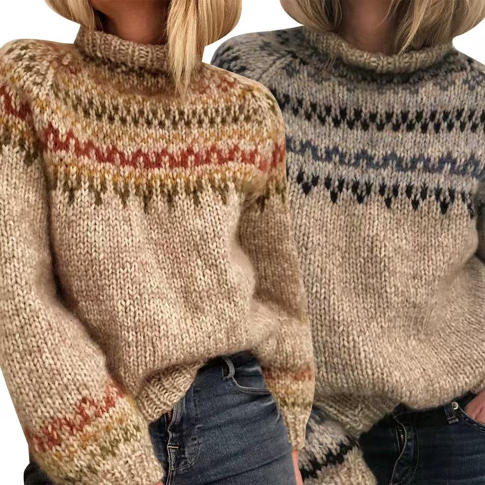 Women's High Neck Color Block Loose Knit Sweater