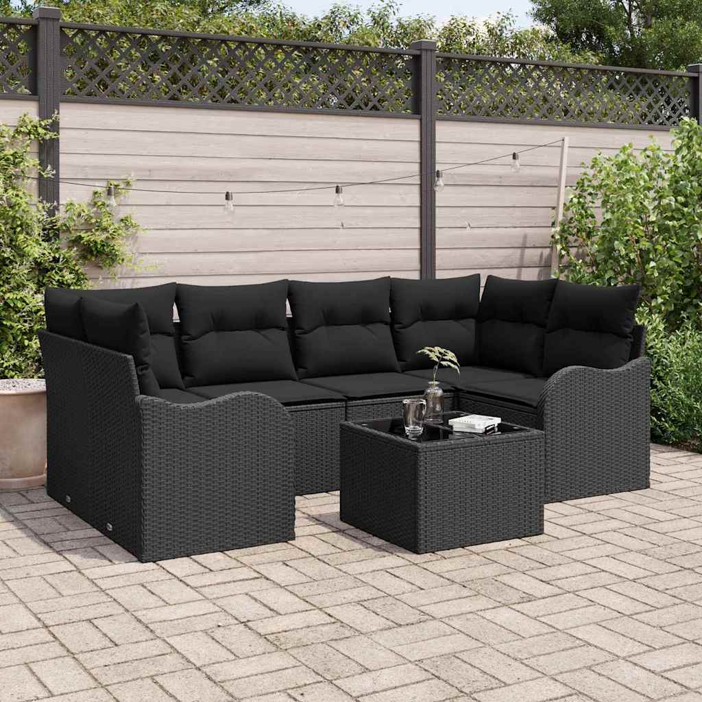 7 Piece Garden Sofa Set Black Poly Rattan Steel and Glass