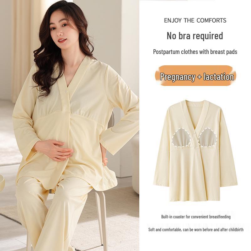 2025 Summer Postpartum Cotton Pajamas with Chest Pads for Breastfeeding - Lightweight for Home, Spring, Summer, Autumn