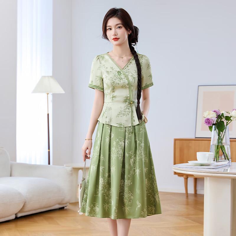 Elegant Green New Chinese Style Cheongsam Two-Piece Suit
