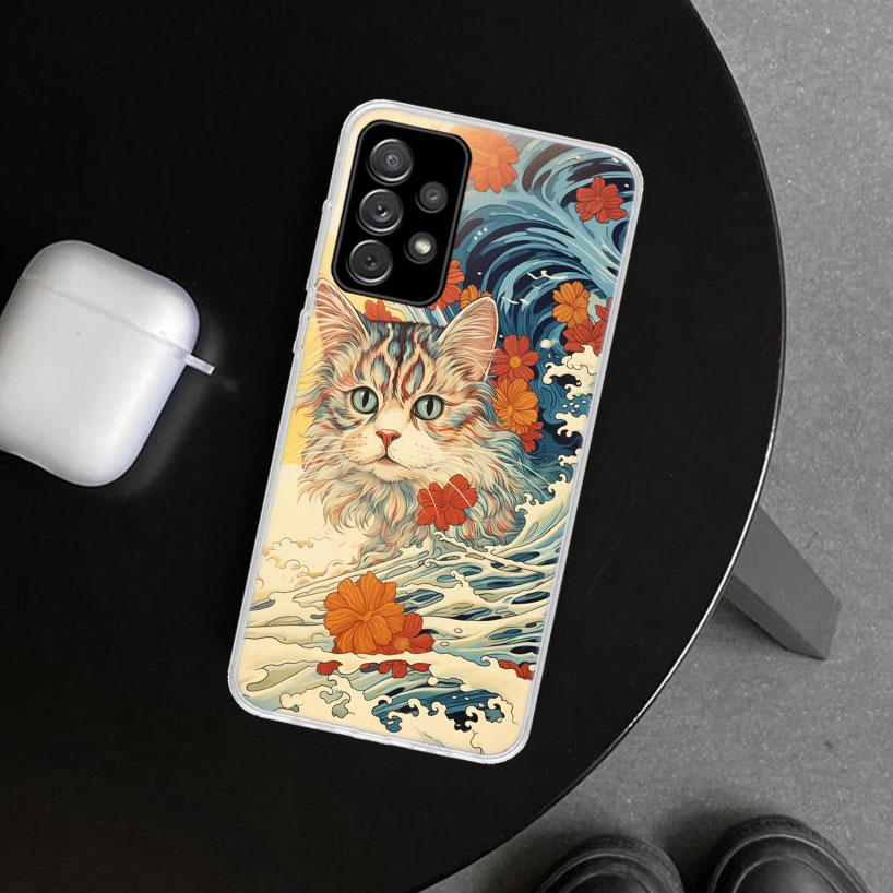 Anime Cat Sea Wave Aesthetic Phone Case for Samsung Galaxy A17 A16 A26 A36 A56 A57 A37 A15 A25 A35 A55 A14 A24 A34 A54 A13 A23 A
