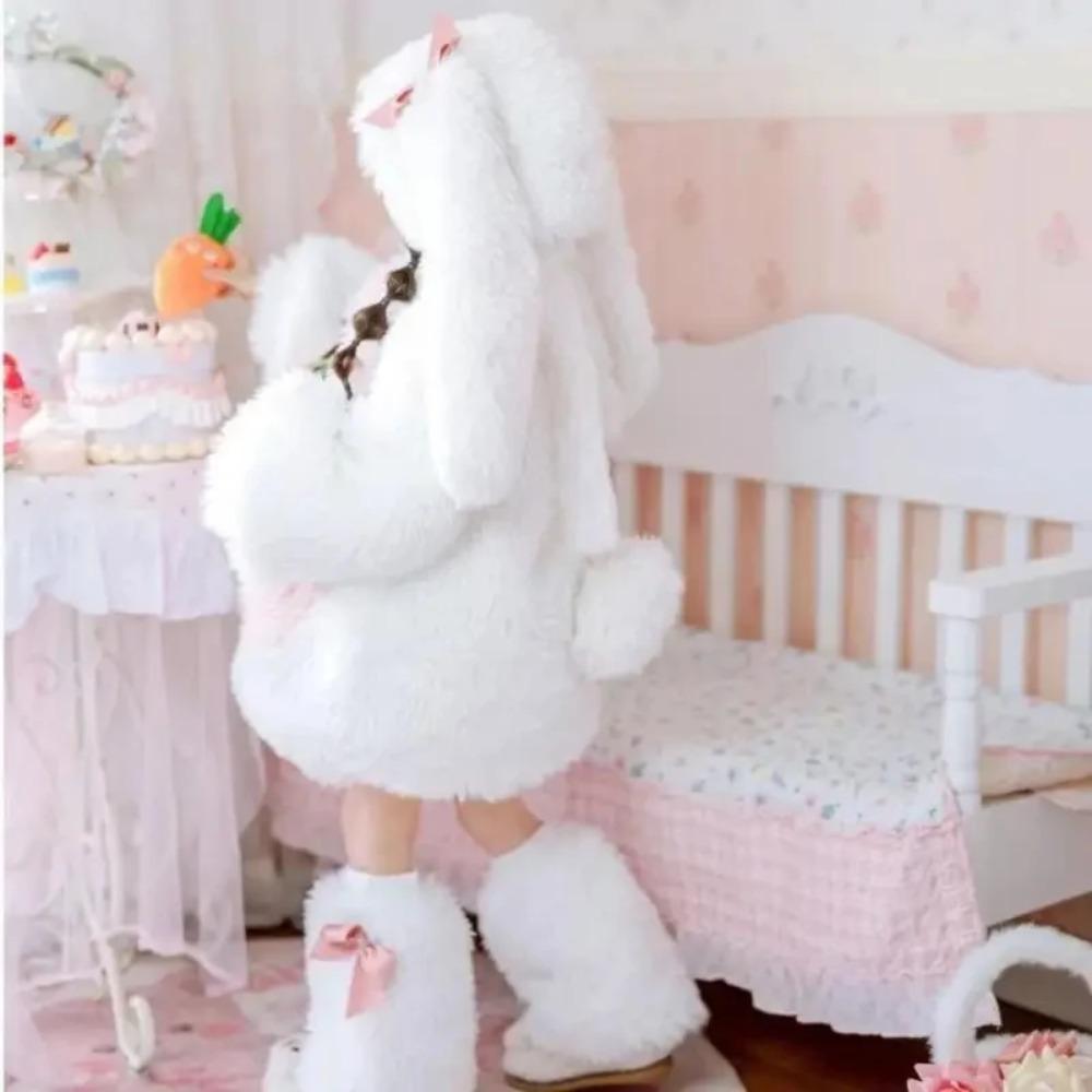 Costume da Coniglio Peluche Cartone Animato per Bambini Cosplay Kawaii Set Invernali Caldi per Bambini Top Pantaloni Cappello Tuta Outfit per Feste di Halloween Ragazza Regalo