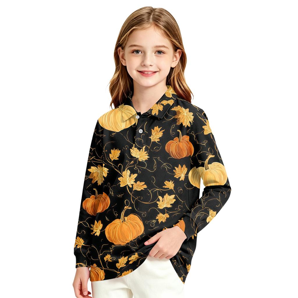 Girls School Uniform Top with Halloween Print Long Sleeve Casual Blouse for Daily Wear