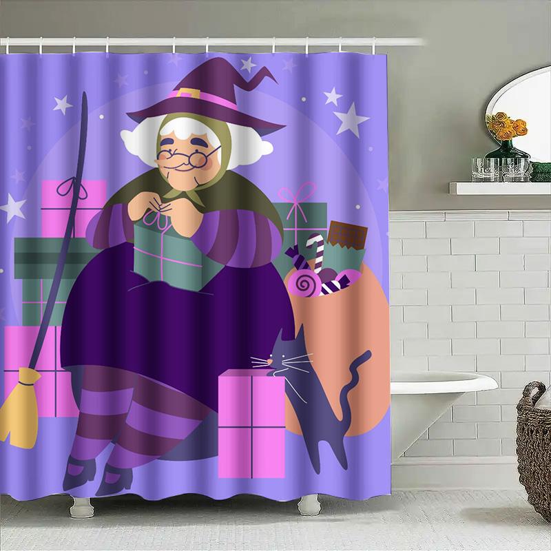Colorful Halloween-Themed Shower Curtain With Witch Design For Bathroom Decor Purple Starry Sky Background Included #Bathroomacc
