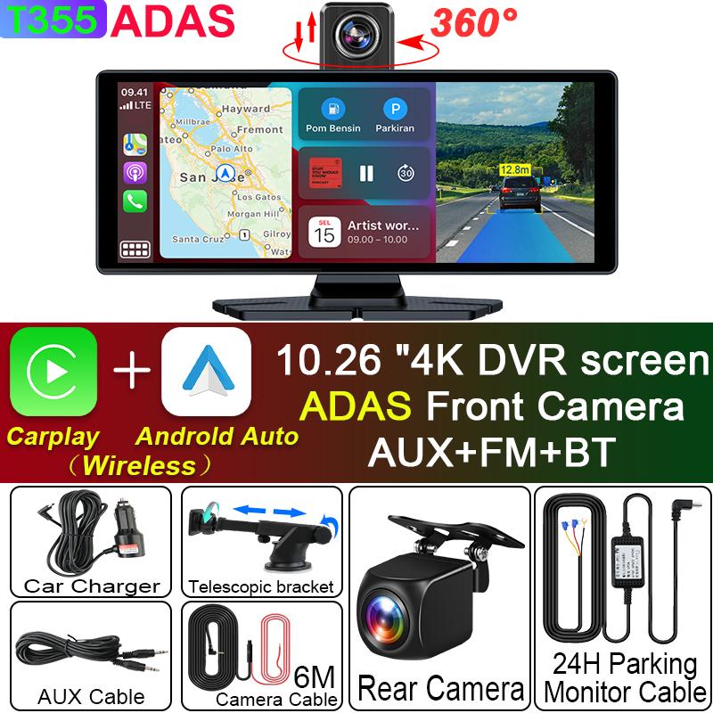 10.26" 4K Dash Cam ADAS Wireless Carplay & Android Auto Car Dvr 360 ° Rotation Dual Lens Dashboard Video Recorder 24h Park AUX