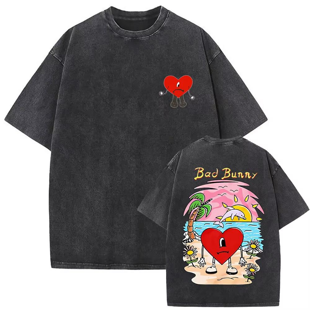 Camiseta Gráfica Bad Bunny Un Verano Sin Ti Vintage Lavada Moda Masculina Oversize Streetwear Femenina Camisetas de Algodón de Alta Calidad
