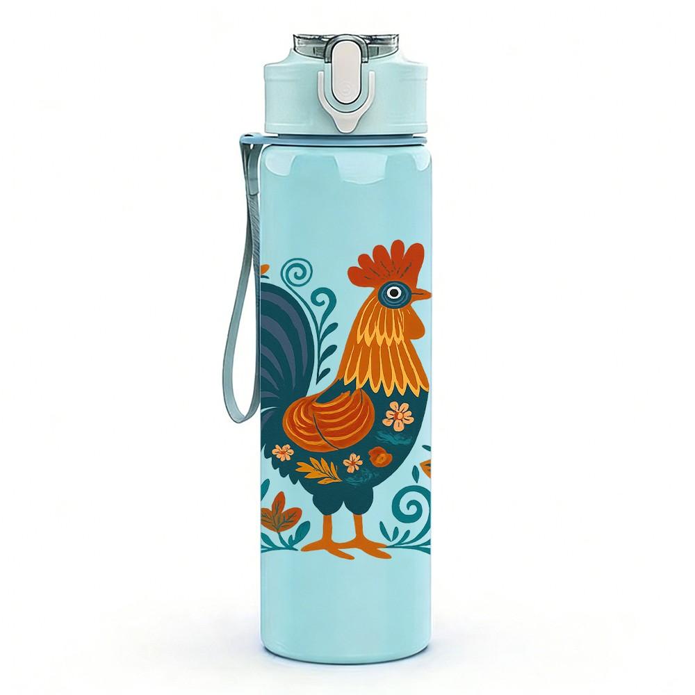 1PC Rooster Floral Farm 750ml Color Plastic Sports Water Bottle Leakproof Flip Straw Lid Suitable for Sports Office Home Use