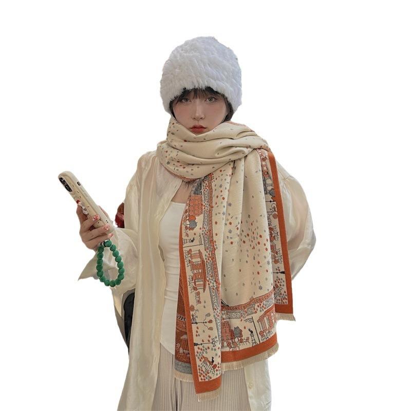 Imitation cashmere scarf women's autumn and winter new construction tower shawl versatile thickened warm and cold loose beard scarf
