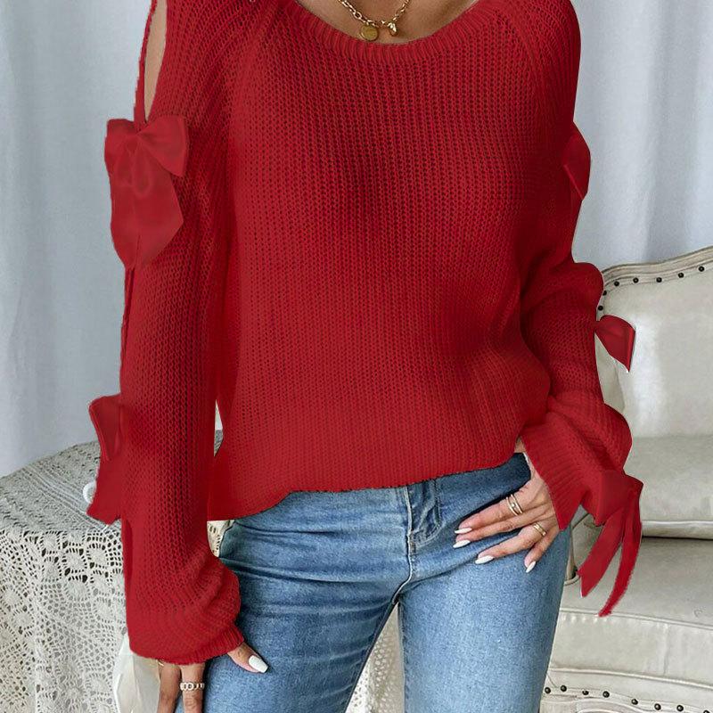 Damen Herbst Winter Pullover und Strickwaren Rundhals Schleife Langarm Strickpullover Tops