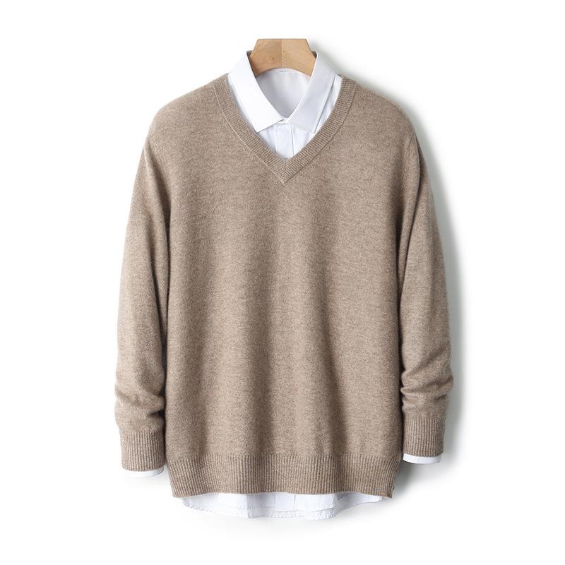 Herren V-Ausschnitt reiner Wollpullover - Lässiger locker gestrickter Pullover