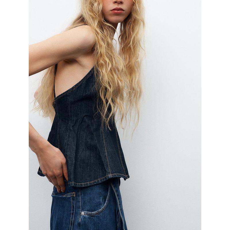 Za2025 Spring New Women Clothes Backless Wave Wide Swing V-neck Fine Sling Denim Top 8197064