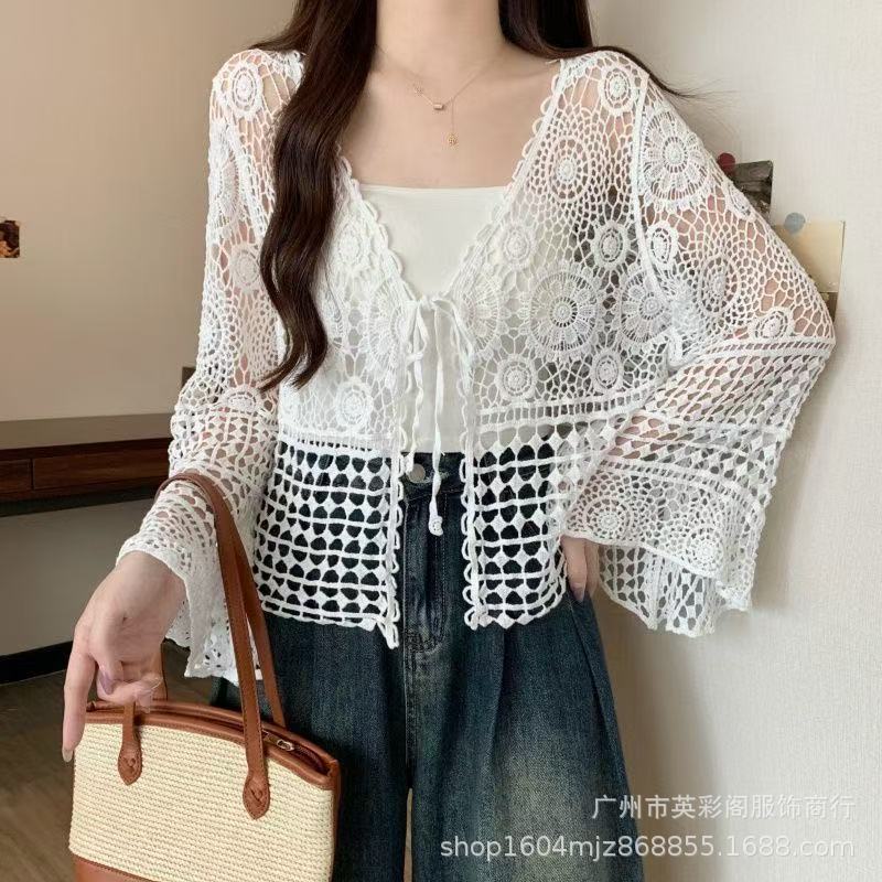Summer Thin Knitted Sweater Women's Embroidered Hollow Long-sleeved Beach Clothes Women's Top Lace-up Jacket Versatile