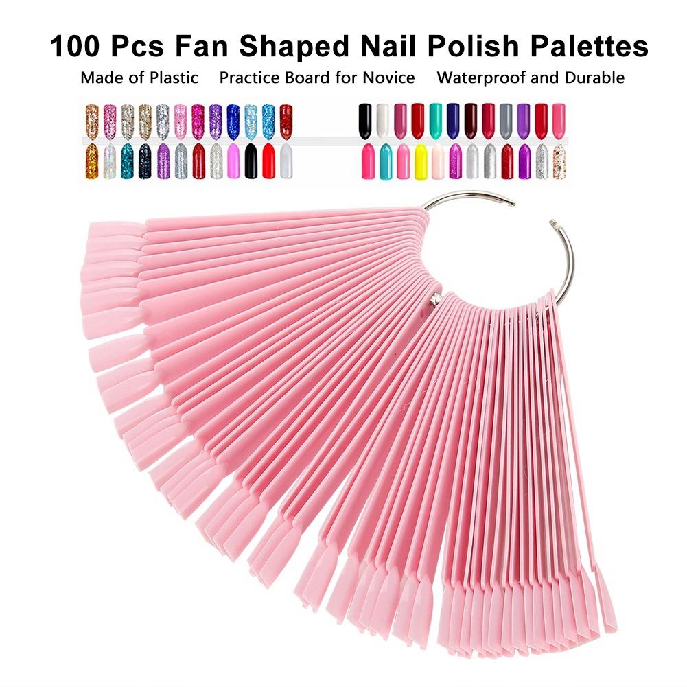 100Pcs Bag Fan False Nail Tip Stick Palette Manicure Polish Gel Display Practice Tools(Pink)