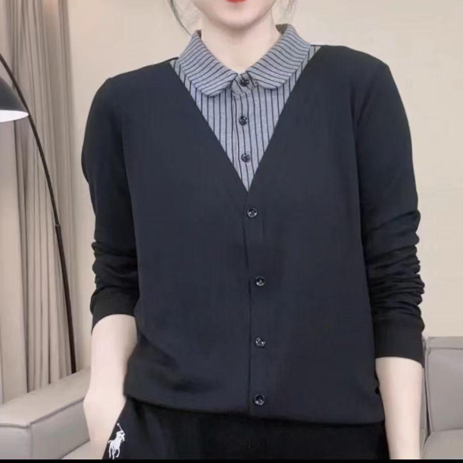 

2025 Spring Women s Casual Loose Long Sleeve Two-Piece Look Knitted Top 3XL зелений