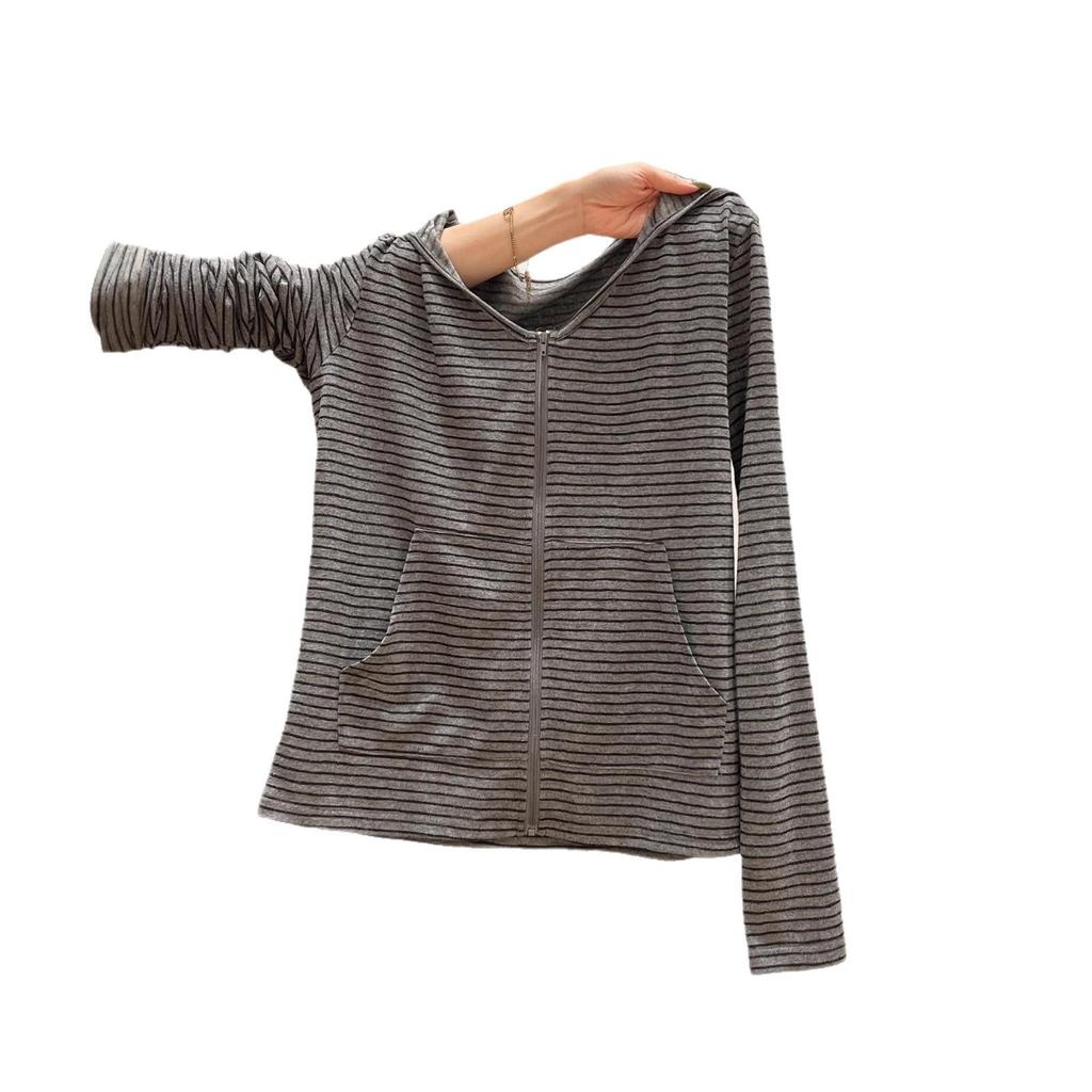Gilet court ample à capuche zippé rayé col V pour femme, collection automne-hiver 2025