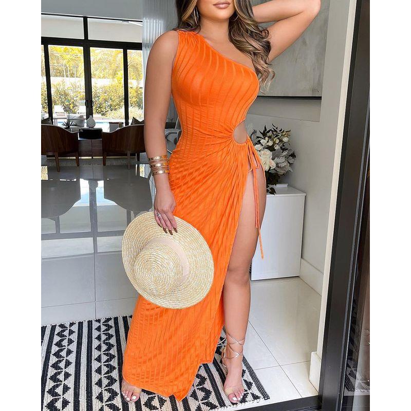 

Women Sexy Drawstring Dress Women clothes Sunken Stripe Drawstring Slit Dress Orange XL