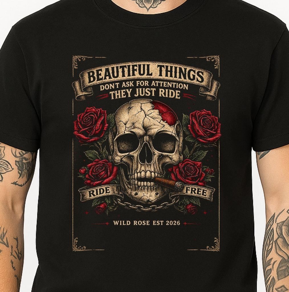 Skull Roses Biker T-Shirt Ride Free Beautiful Things Gothic Motorcycle Tee.