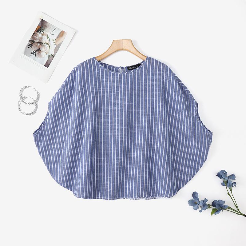 ZANZEA Women Casual Round Neck Dolman Sleeve Summer Stripe Blouse