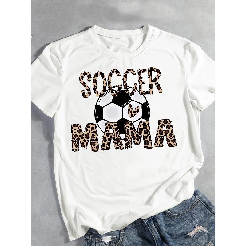 

European Size 1pc Soccer Mama Leopard Print T-Shirt for Women, Casual Round Neck Short Sleeve Top, Polyester Knit Fabric 4XL білий