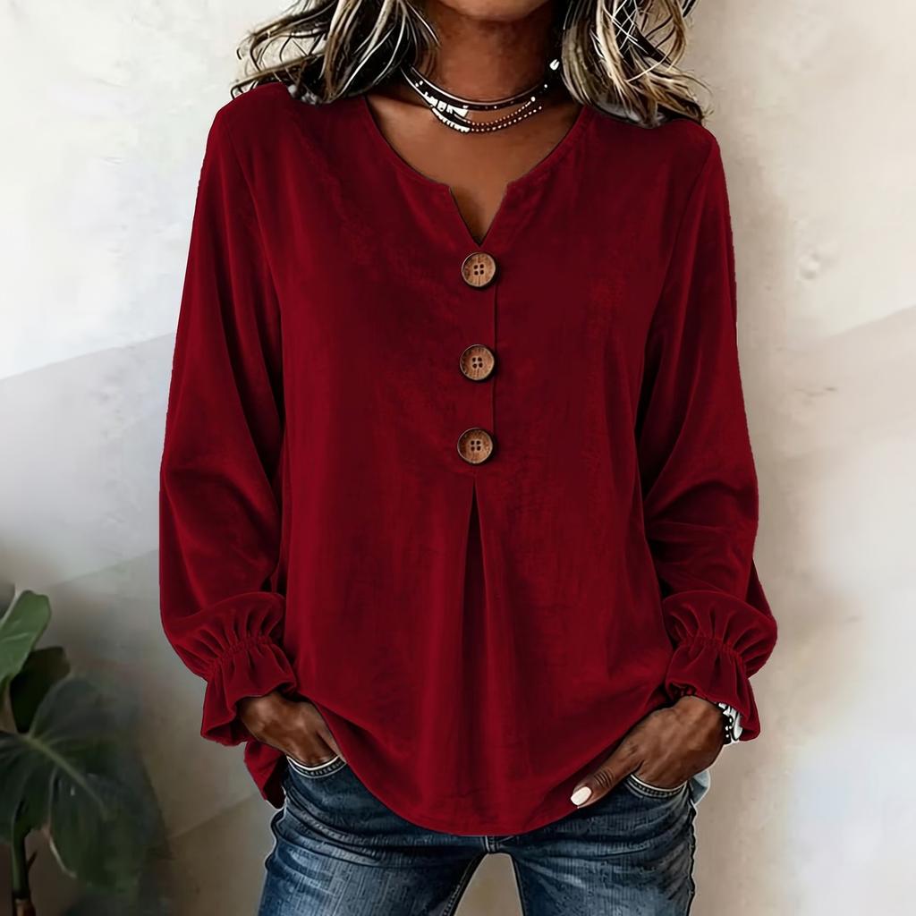 Women's V-Neck Velvet Long Sleeve Button Down Blouse Top for Work or Evening Out