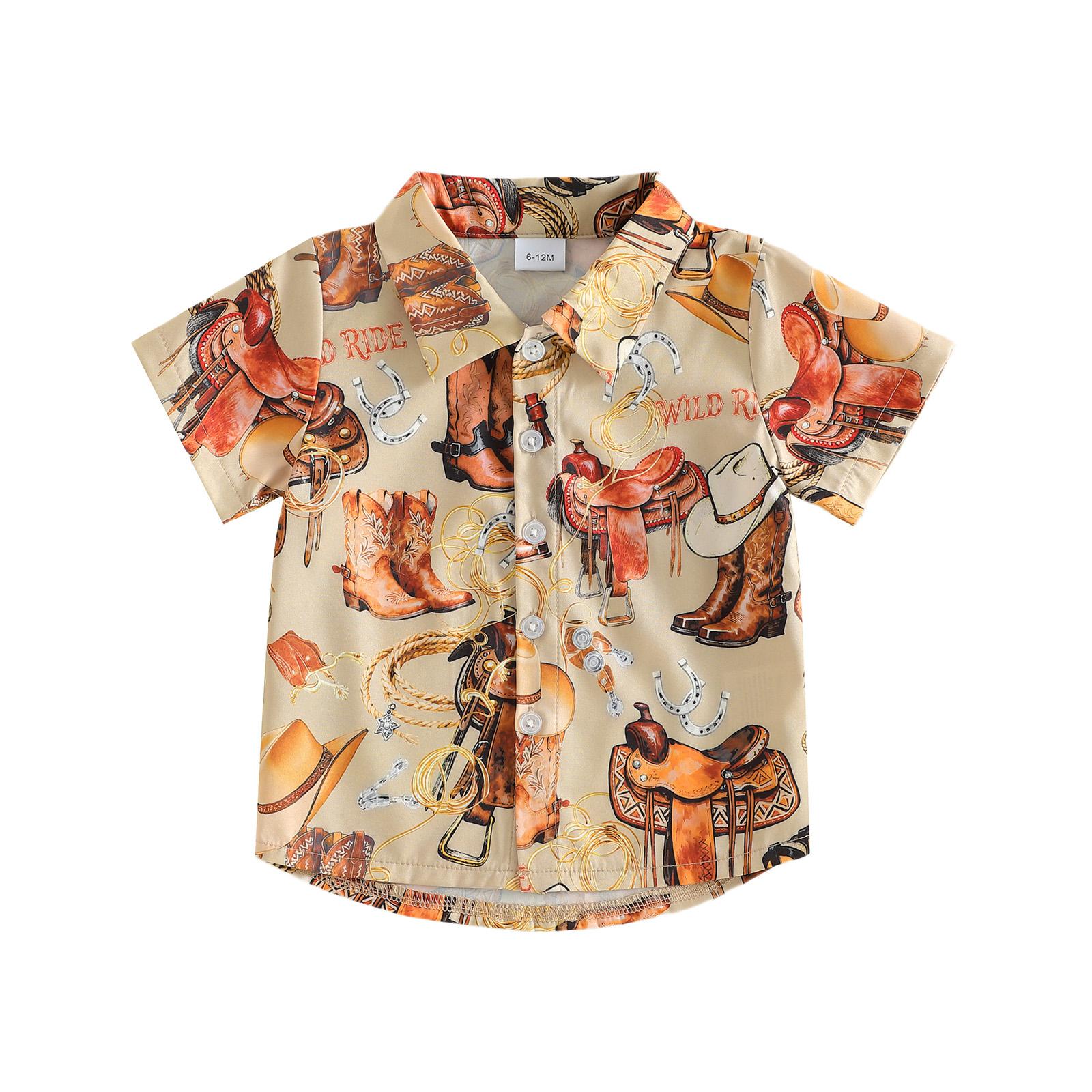 Baby Boys Western Shirts Short Sleeve Horse Boots Print Button Down Shirts Toddler Summer Tops 6-12M коричневый