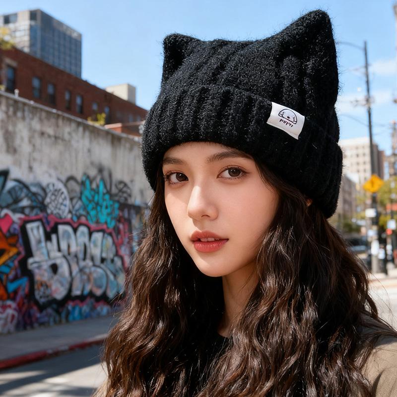 Korean Style Cat Ear Woolen Hat for Women Winter New Warm Ear Protection Knitted Hat Showing Face Little Cute Pullover Hat