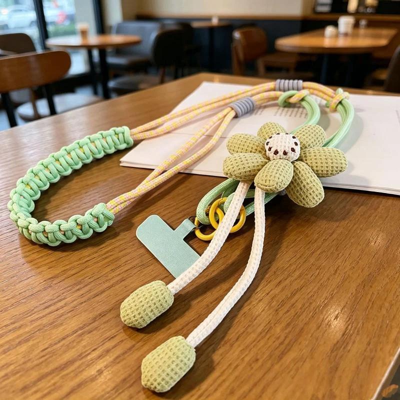 1Pcs Cute Flower Decor Adjustable Phone Lanyard Durable Braided Strap For Daily Outing Shopping Travel Anti Lost Accessory