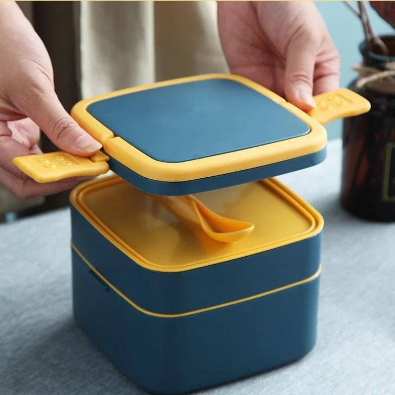 Handheld Double Bento Box Portable with Spoon Sealed Leak-proof Microwave Food Container for Students Office Workers Lunch Box
