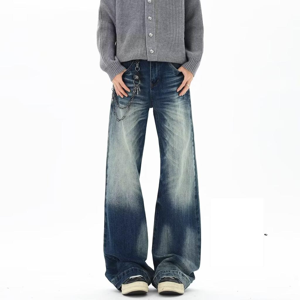 American retro cat whisker washed jeans men's straight loose wide-leg high street pants versatile and thin long pants