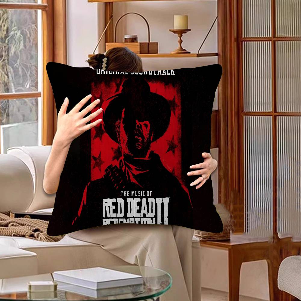 Funda de Almohada para TV de Juego Red-Dead-Redemption 2 Dibujos Animados Decorativa para Sofá del Hogar Impresión a Doble Cara Felpa Corta Funda de Cojín Linda